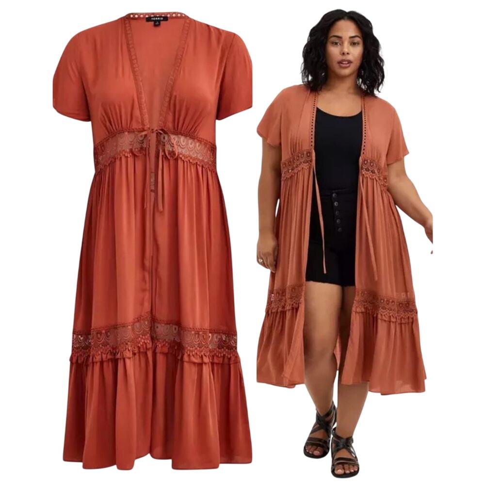 Torrid Duster Length Kimono Tie Front Lace Details in Orange Rust Size 2X